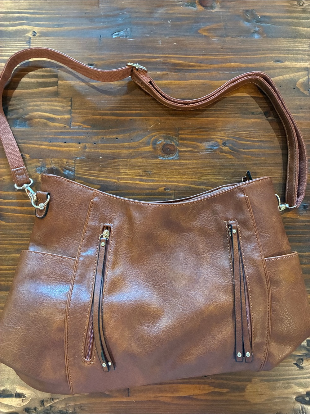 Brown Faux-Leather Shoulder Bag with Dual Front Zip Accents